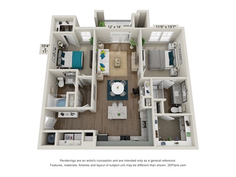 Floor plan for 2 beds, 2 baths, 1048 sqft